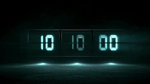 Futuristic digital clock displaying ten minutes and zero seconds illuminated in darkness