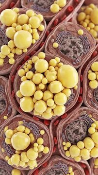 Fatty liver disease lipid accumulation in hepatocyte cell and liver tissue pathology, 3D medical illustration featuring intracellular fat droplet detail for diagnosis