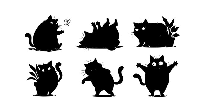 Funny fat black cat cartoon vector set cute chubby kitty characters in playful poses for stickers and wall art