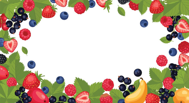 Vibrant decorative frame composed of various fresh berries and fruits like strawberries, raspberries, and blueberries on a white background.