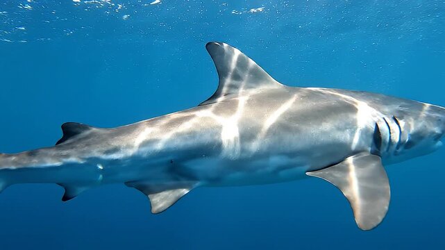 Great white shark swimming in clear blue ocean water near the surface with sunlight reflecting on its skin, showing visible gills, dorsal fin, and pectoral fin in a side profile view.