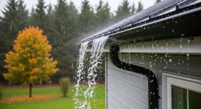 A house with water overflowing from its gutter during a rainstorm in autumn