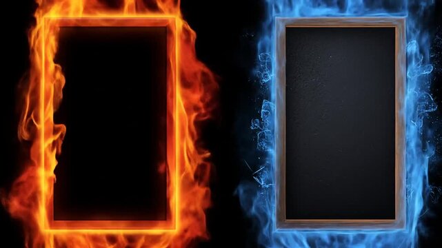 Fiery and icy frames contrasting effects and dynamic abstract backgrounds
