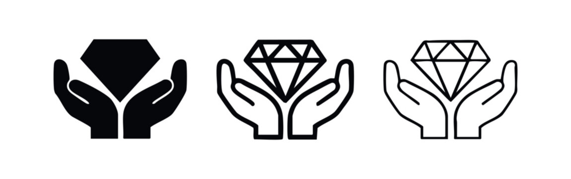 Hands holding a diamond icon set. Precious gem and high value vector symbols in solid, outlined, and thin line styles.