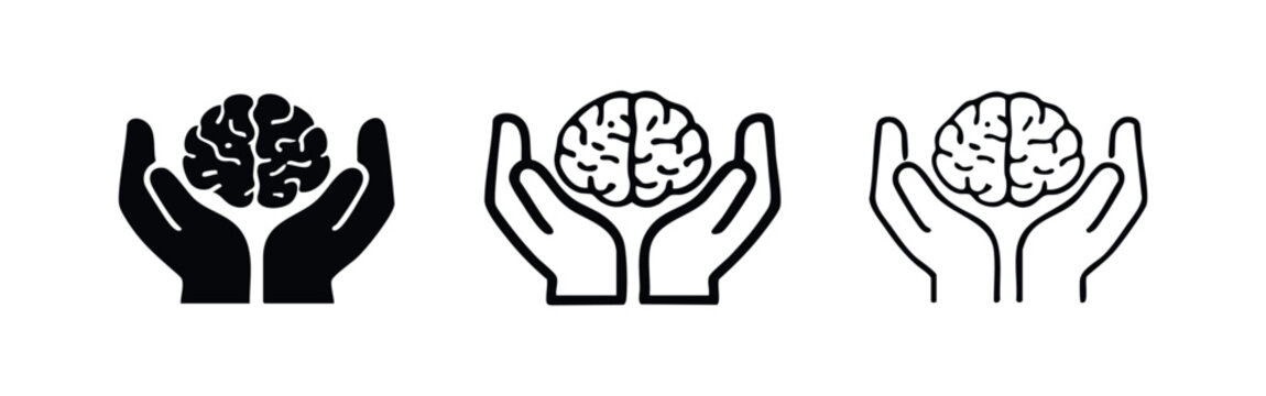 Hands holding a brain icon set. Intelligence, knowledge, and mental health vector symbols in solid, outlined, and thin line styles.
