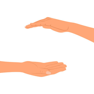 Two hands with copy space between. One hand holds, the other covers. Concept of care, nurturing, preservation. Support and save. Vector illustration.