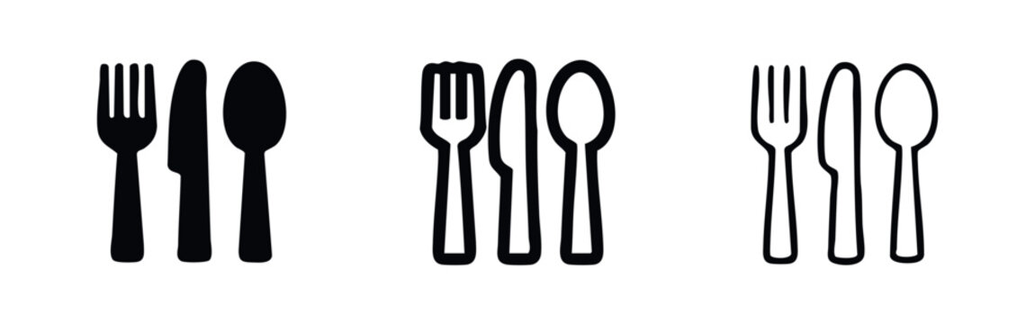 Cutlery icon set. Fork, knife, and spoon symbols for dining and restaurant menus in solid and outline styles.