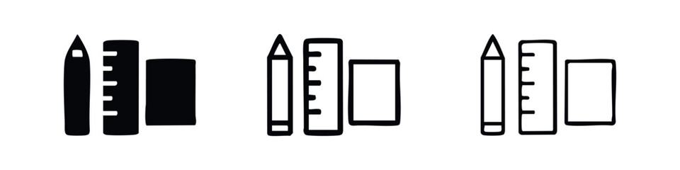 Fototapeta premium School and office supplies icon set featuring pencil, ruler, and eraser in different styles.