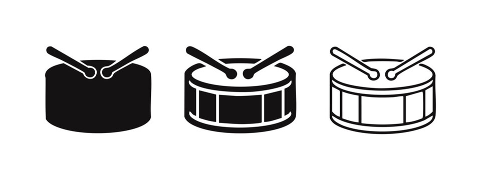 Musical drum with drumsticks icon set. Percussion instrument symbol vector, music and rhythm concept.