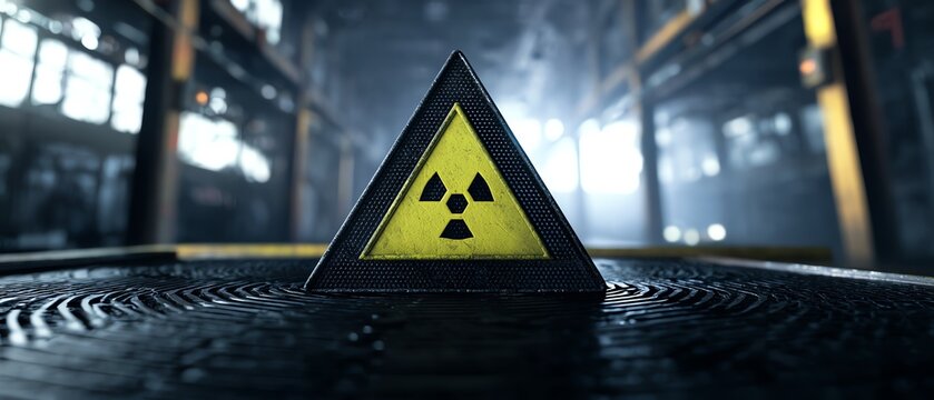 Radiation warning sign in an industrial setting.