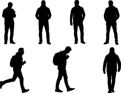 Set of black silhouettes of men in casual winter clothing walking standing and running with backpacks isolated on white background.