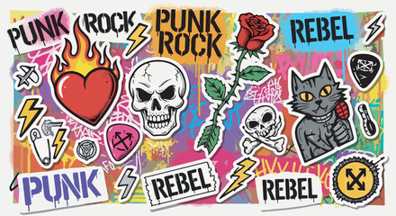 Fototapeta premium Urban graffiti art with skulls, roses, and black cat stickers eps 10