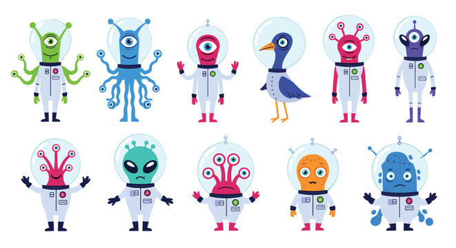 Set of diverse cartoon alien characters in various space suits and helmets for cosmic adventure illustrations.