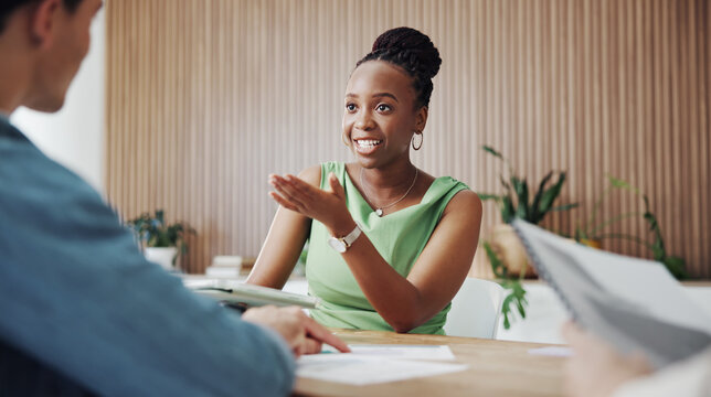Meeting, speaking or woman with client in creative agency, marketing campaign or feedback for launch. Tablet, talk or marketer with brand representative for planning, objectives or budget guideline