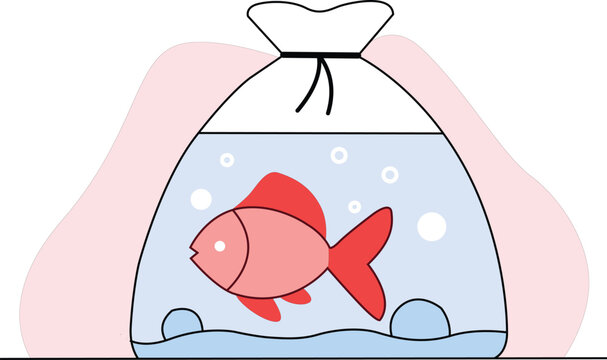 Cute cartoon goldfish in a plastic bag with water and bubbles for aquarium or pet store