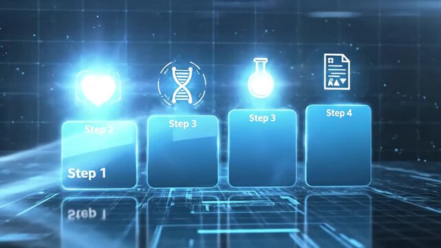Technology Medical data blue rectangle infographic 4 steps template animation. Sequence options HD video. Animated blank diagram visualization. Process layout empty design element. Motion graphics