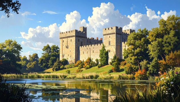 A serene medieval castle by a lake with lush greenery