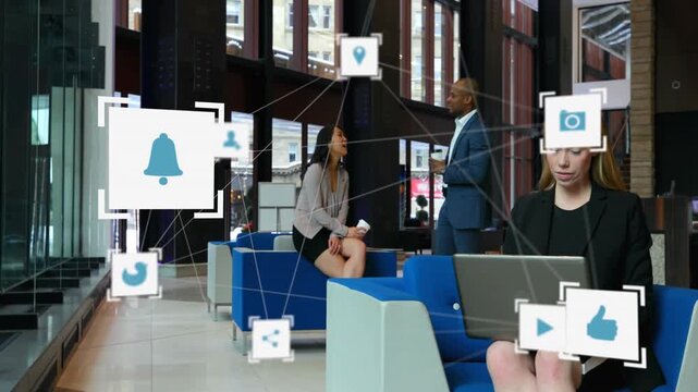 Business lobby alerts showing, right woman typing laptop, coworkers conversing, bell linking icons