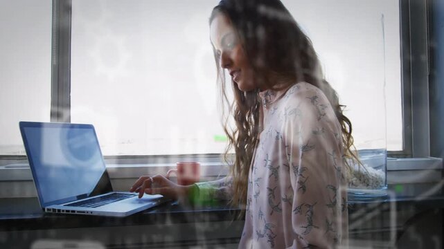 Woman glancing lightbulb brief typing PC flipping docs drafting biz pitch while overlays sweeping