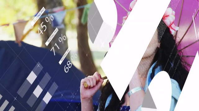 Female singer starting at music fest holding mic causing data charts moving, sipping bottle