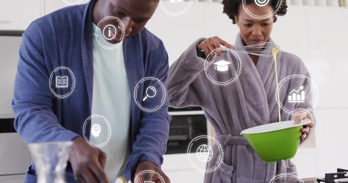 Man slicing bread, woman cracking eggs starting whisking, making meal at island with drifting icons