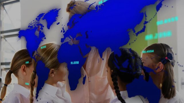 Teacher guiding four girls in class posing to camera as animated world map sweeping showing faces