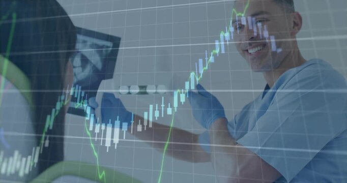 Dentist pointing to X-ray rotating model and showing findings causing charts sweeping then receding