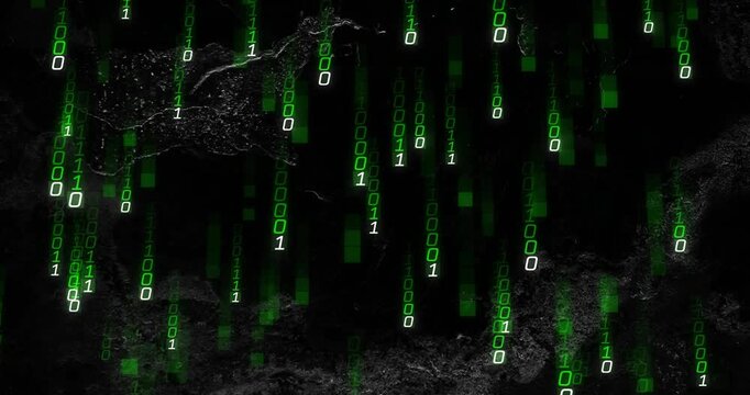 Top digits sparking streams, green binary rain falling, showing data flow over dark backdrop