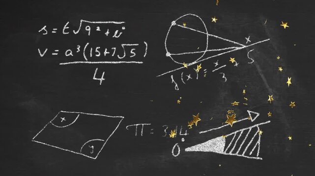 Gold stars flowing from right edge and showering chalkboard math, highlighting triangle near PI