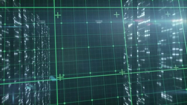 Center green grid calibrating on load, guide line sliding, particles drifting, showing data scan