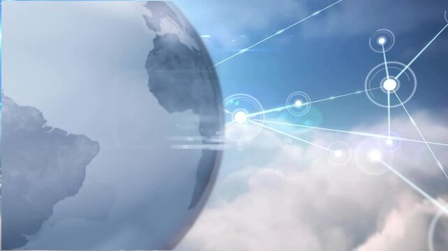 Globe appearing, nodes connecting and expanding across clouds, showing global network reach