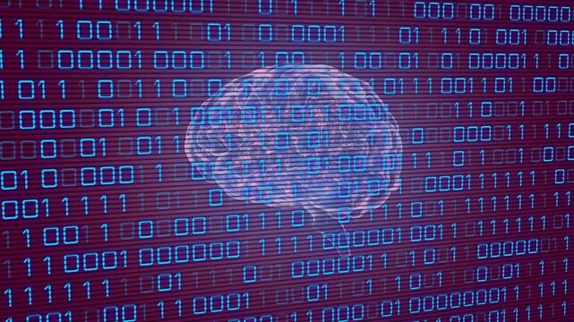 Screen loading, cyan holographic brain centering while binary matrix scrolling, visualizing AI