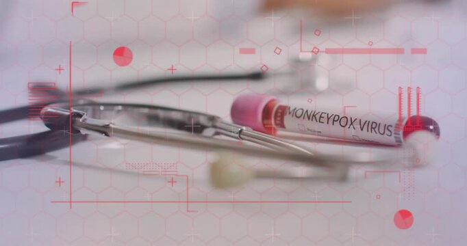 Lens shifting MONKEYPOX VIRUS tube and scope clarifying as red hex HUD rising for diagnosis