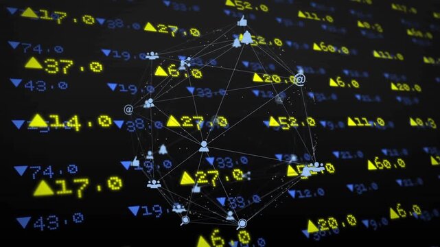 Playback starting, 3D network rotating, revealing node icons and tickers, showing finance analytics