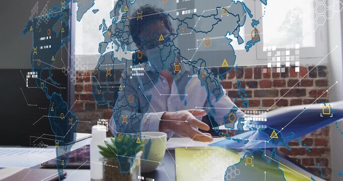 Woman reaching folder as peer handing papers, sorting files for business review with map overlaying
