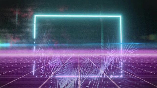 Cyan rectangle fading above grid, magenta scan line sweeping and revealing humanoid for tech