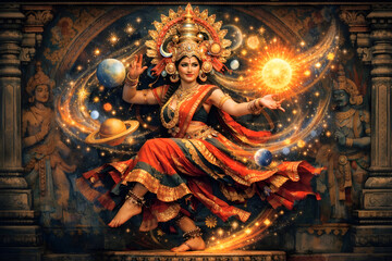 Fototapeta premium Divine Cosmic Dancer in Celestial Space with Planets and Glowing Star Dust Mystical Indian goddess dancing in the universe surrounded by planets, sun, and magical stardust.
