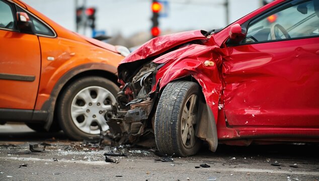 Two cars, one red and one orange, collided at an intersection with visible front-end damage and debris scattered on the ground near a traffic light.
