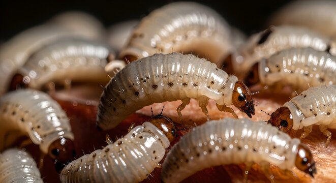 Macro View of Many White Grubs or Beetle Larvae Infesting Wood Surface