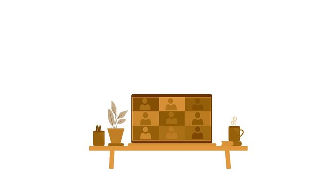 Animation of a virtual meeting on a laptop with a minimalist desk setup