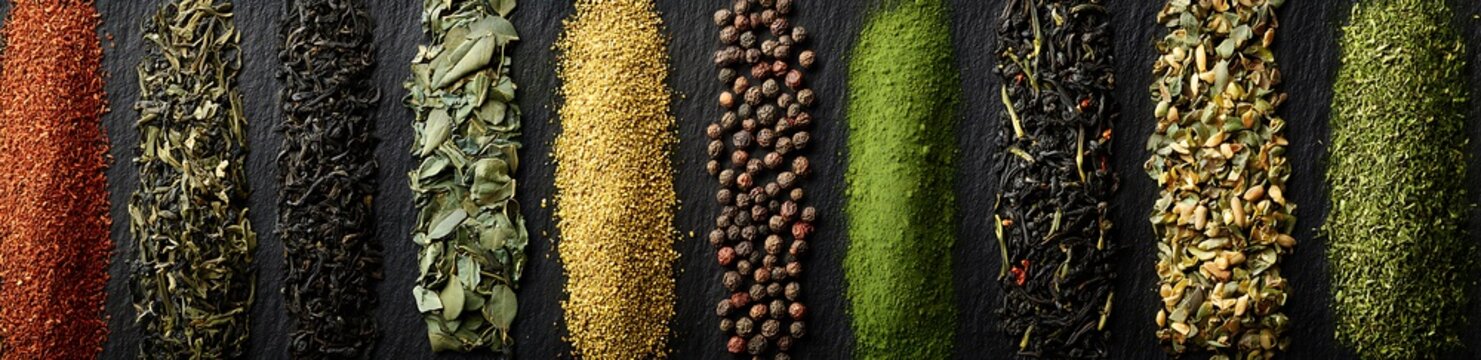 Variety of tea leaves and herbs in different colors and textures on display