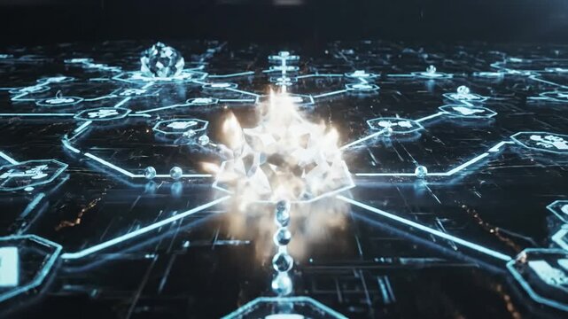 Technology AI automation workflow diagram with digital agent process flow, futuristic network illustration scene 3 distortion, overlay, glitch, static noise, scan lines on black background, 4k