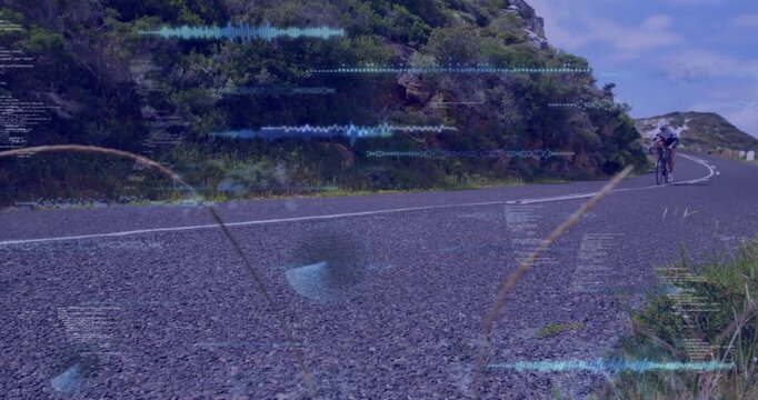 Female cyclist riding into frame, initiating layered HUD data, analyzing technology metrics