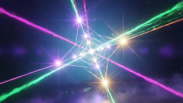 Vibrant laser beams intersecting in space.