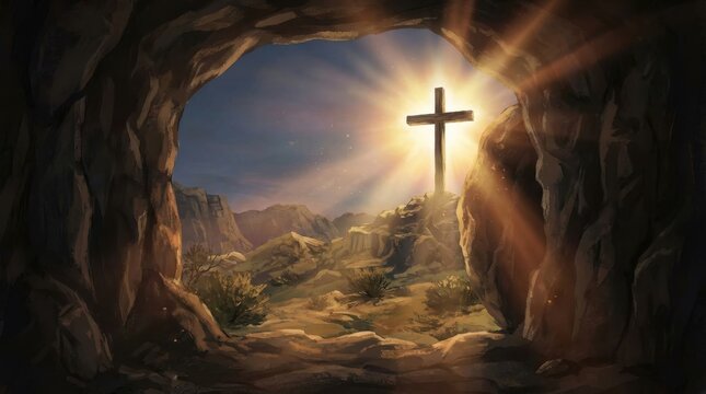 Bright wooden cross standing on a rocky hill seen from inside a dark cave d