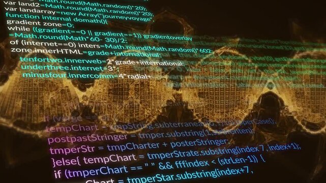 On play colored code scrolling upward, layering over golden mirrored waveform for tech designers