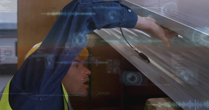 Solar tech seeing plug checking panel reaching clamp securing connector ensuring safety HUD guiding