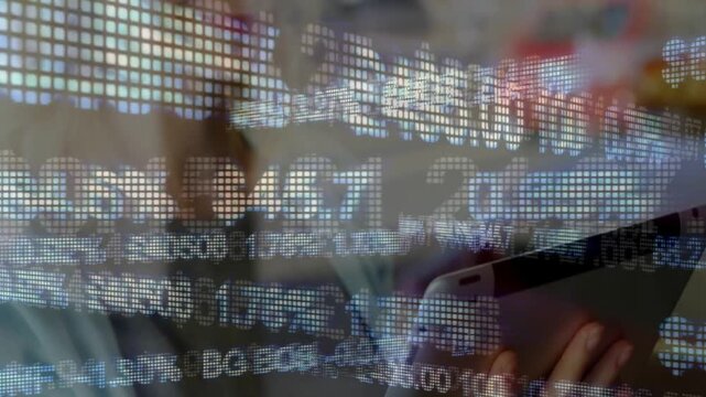 Woman tapping screen while market ticker overlaying frame and camera pulling back, tracking stocks