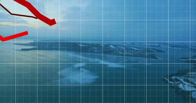 Data feed starting red chart lines entering left tracing jagged market declines over gridded ocean