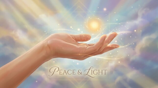 Human hand reaching towards a glowing golden light sphere in a cloudy sky d